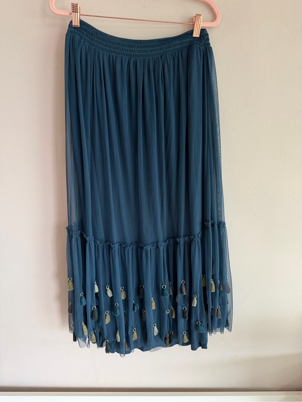 Maeve Anthropologie Teal Mesh Tassel Maxi Skirt Blue Smocked Waist Boho Tiered M